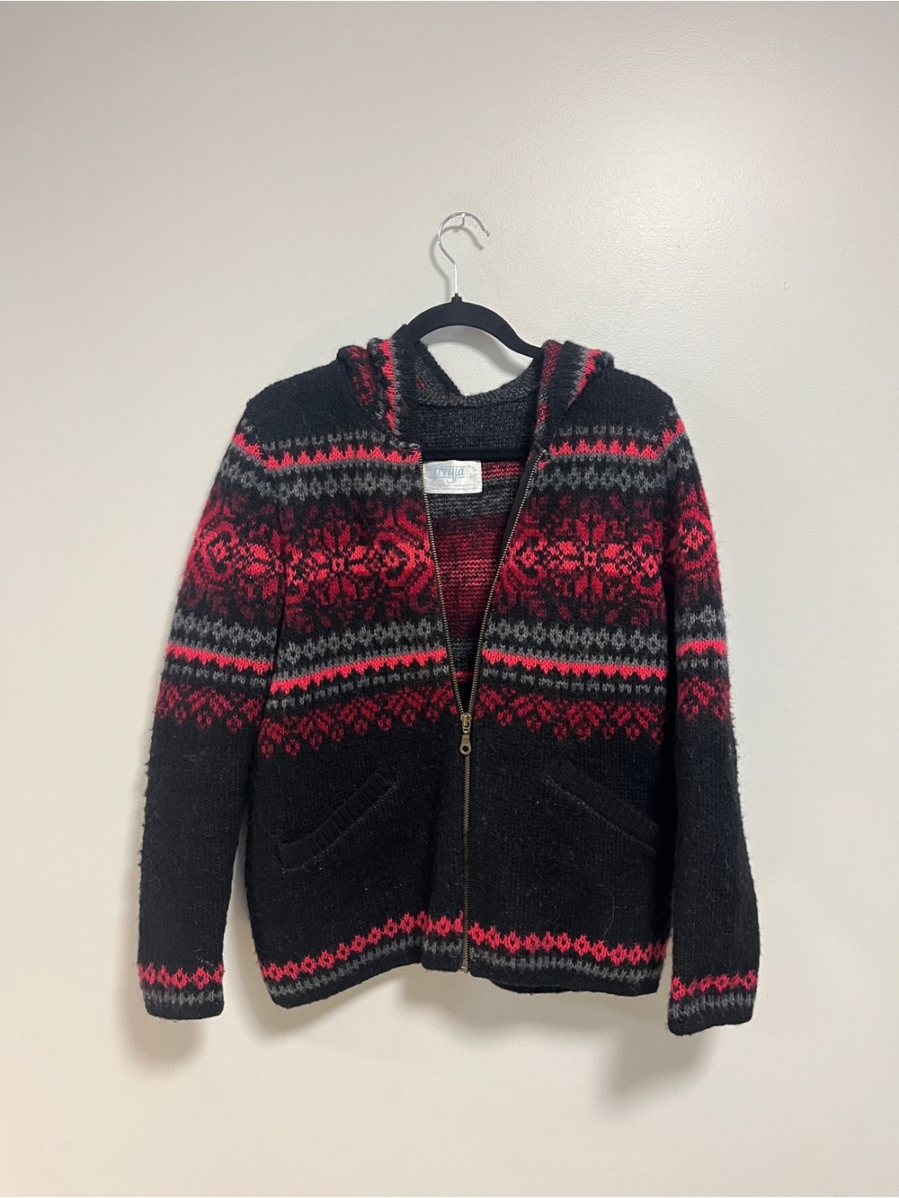 Freyja Icelandic Wool Fair Isle Hooded Cardigan Size Small